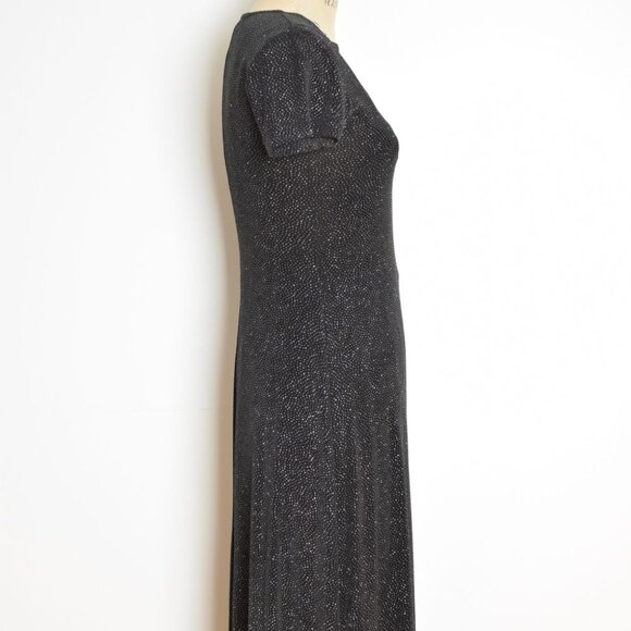 vintage 90s dress black stretch knit sparkle glitter print long maxi party XS S - Picture 5 of 9